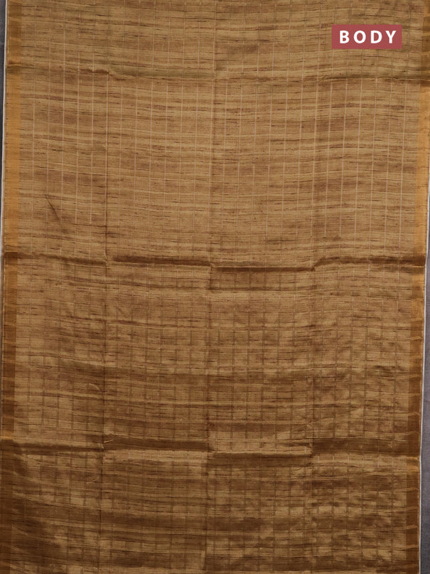 Semi tussar saree dark mustard and beige with allover zari checked pattern and kalamkari printed pallu