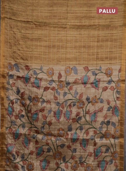Semi tussar saree dark mustard and beige with allover zari checked pattern and kalamkari printed pallu