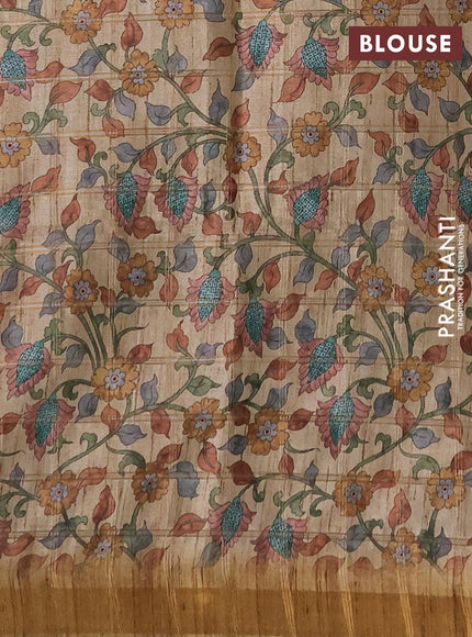 Semi tussar saree dark mustard and beige with allover zari checked pattern and kalamkari printed pallu