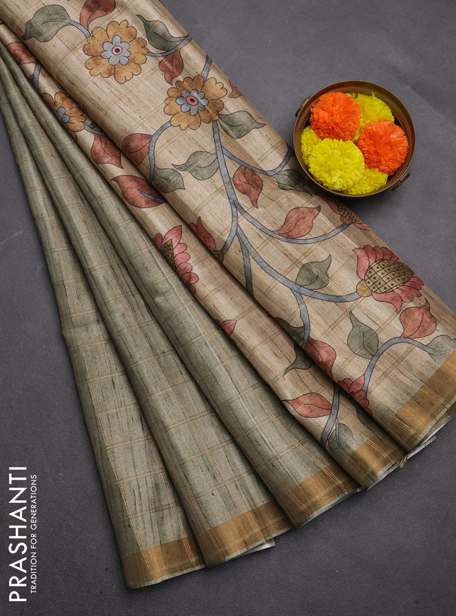 Semi tussar saree pastel green and beige with allover zari checked pattern and kalamkari printed pallu