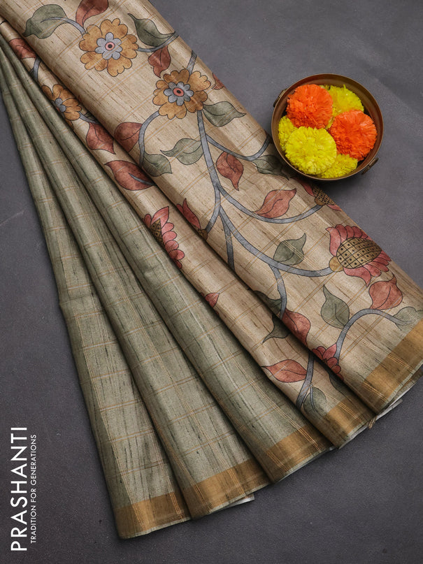 Semi tussar saree pastel green and beige with allover zari checked pattern and kalamkari printed pallu