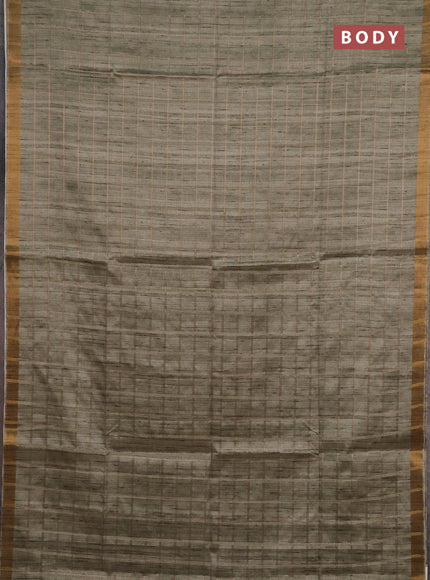 Semi tussar saree pastel green and beige with allover zari checked pattern and kalamkari printed pallu