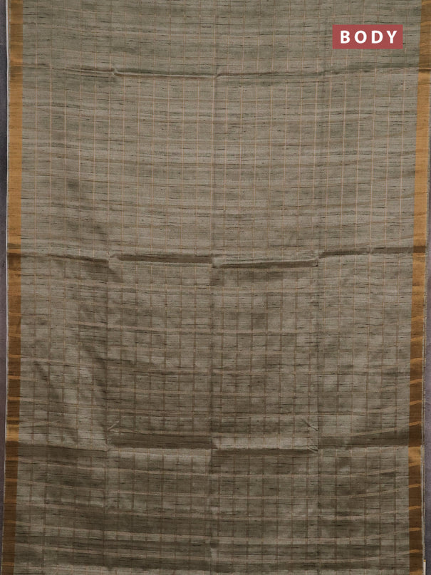 Semi tussar saree pastel green and beige with allover zari checked pattern and kalamkari printed pallu