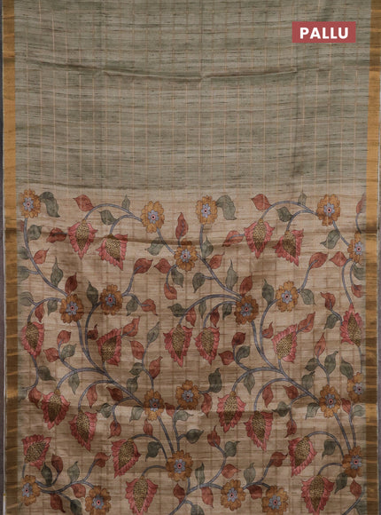 Semi tussar saree pastel green and beige with allover zari checked pattern and kalamkari printed pallu