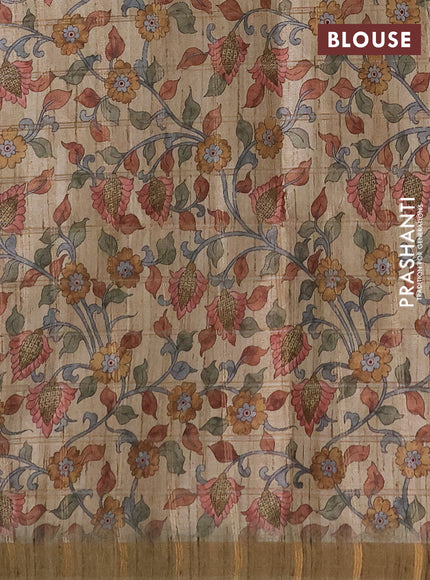 Semi tussar saree pastel green and beige with allover zari checked pattern and kalamkari printed pallu
