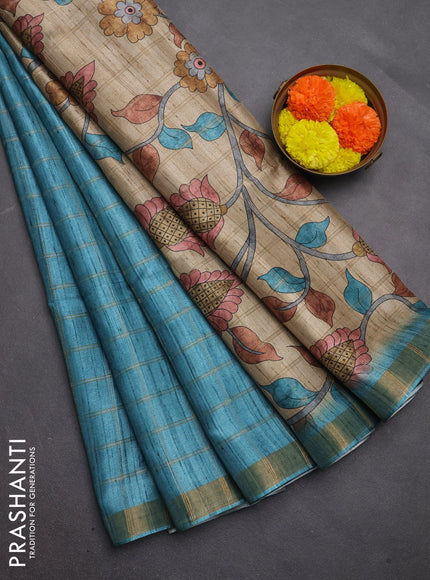 Semi tussar saree teal blue and beige with allover zari checked pattern and kalamkari printed pallu