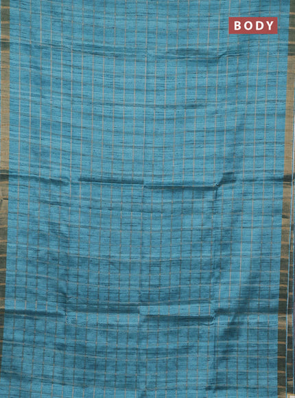 Semi tussar saree teal blue and beige with allover zari checked pattern and kalamkari printed pallu