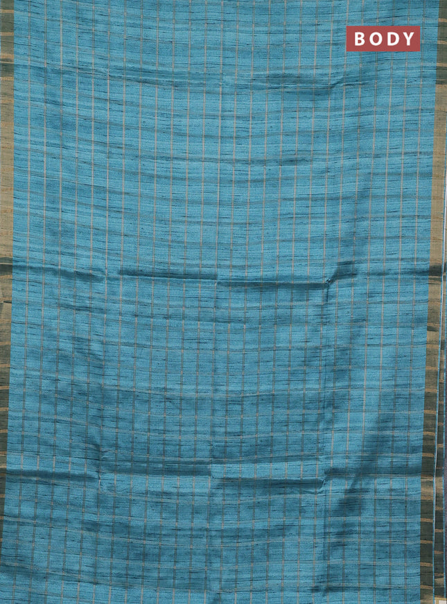 Semi tussar saree teal blue and beige with allover zari checked pattern and kalamkari printed pallu