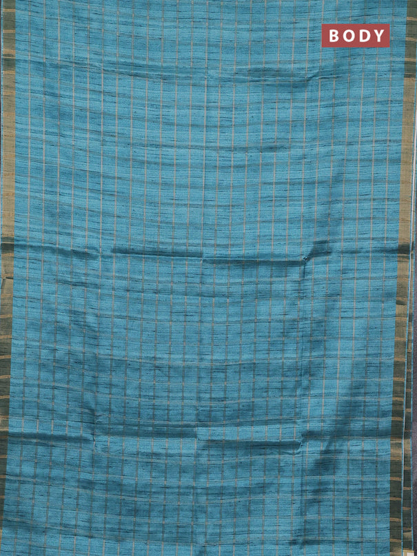 Semi tussar saree teal blue and beige with allover zari checked pattern and kalamkari printed pallu