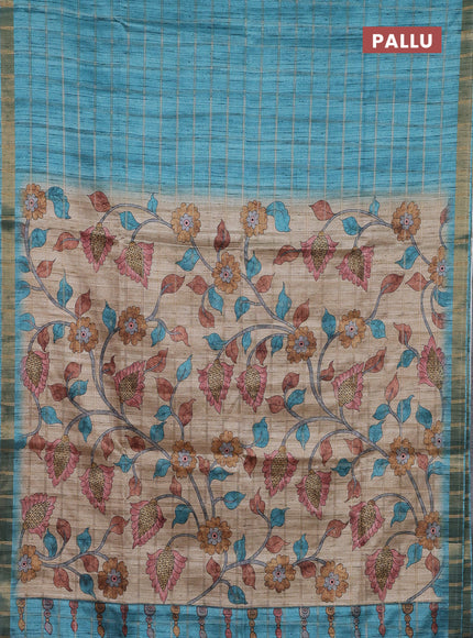Semi tussar saree teal blue and beige with allover zari checked pattern and kalamkari printed pallu