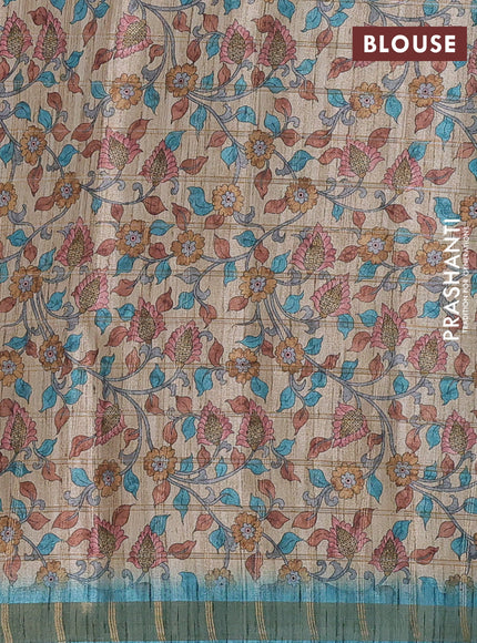 Semi tussar saree teal blue and beige with allover zari checked pattern and kalamkari printed pallu