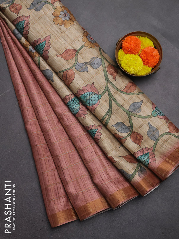 Semi tussar saree pastel peach and beige with allover zari checked pattern and kalamkari printed pallu