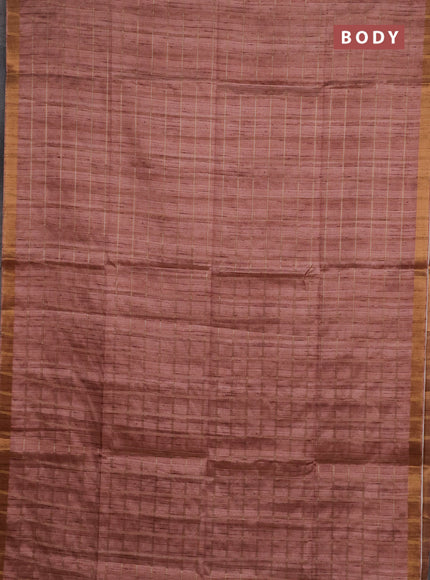 Semi tussar saree pastel peach and beige with allover zari checked pattern and kalamkari printed pallu