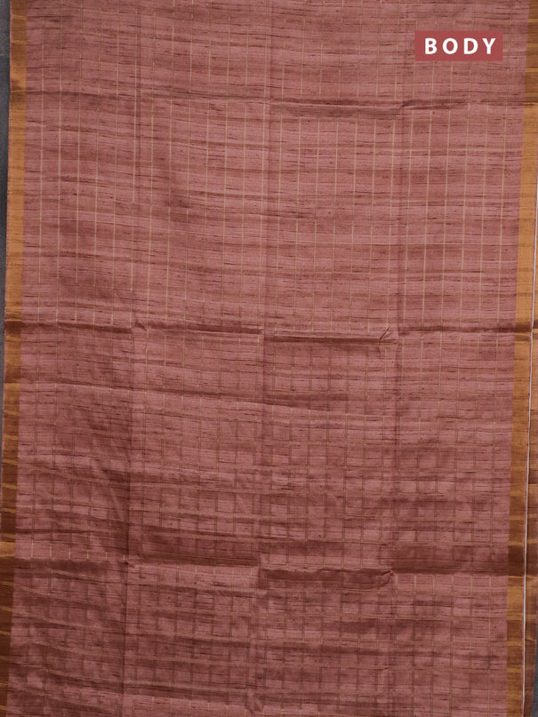 Semi tussar saree pastel peach and beige with allover zari checked pattern and kalamkari printed pallu