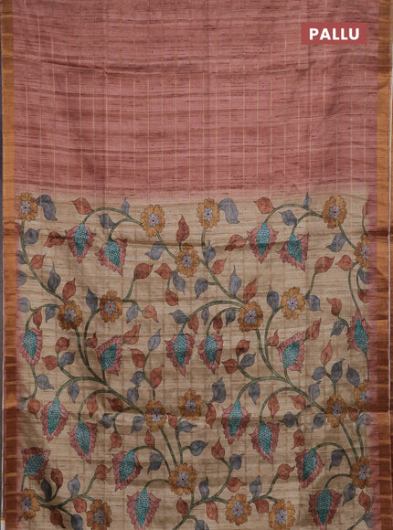 Semi tussar saree pastel peach and beige with allover zari checked pattern and kalamkari printed pallu