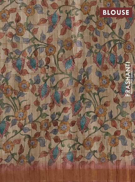 Semi tussar saree pastel peach and beige with allover zari checked pattern and kalamkari printed pallu