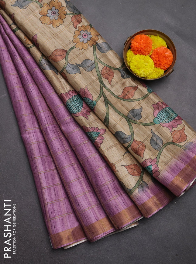 Semi tussar saree onion pink and beige with allover zari checked pattern and kalamkari printed pallu