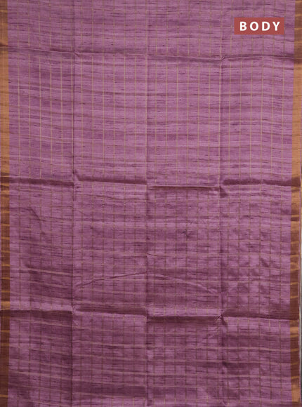 Semi tussar saree onion pink and beige with allover zari checked pattern and kalamkari printed pallu