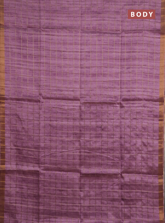 Semi tussar saree onion pink and beige with allover zari checked pattern and kalamkari printed pallu
