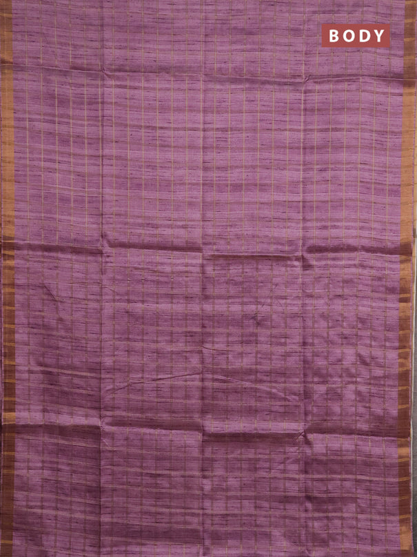 Semi tussar saree onion pink and beige with allover zari checked pattern and kalamkari printed pallu