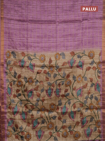 Semi tussar saree onion pink and beige with allover zari checked pattern and kalamkari printed pallu