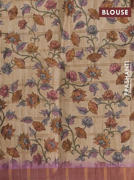 Semi tussar saree onion pink and beige with allover zari checked pattern and kalamkari printed pallu