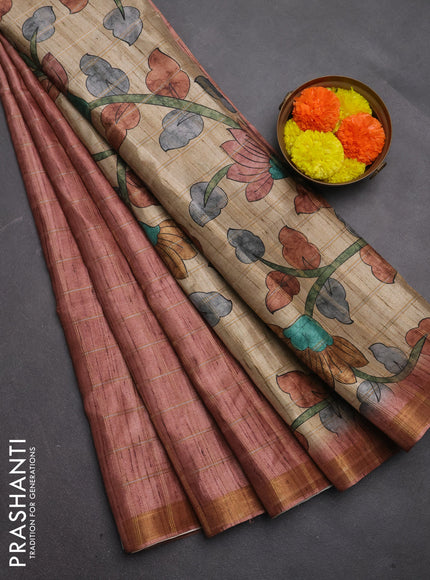Semi tussar saree pastel peach and beige with allover zari checked pattern and kalamkari printed pallu