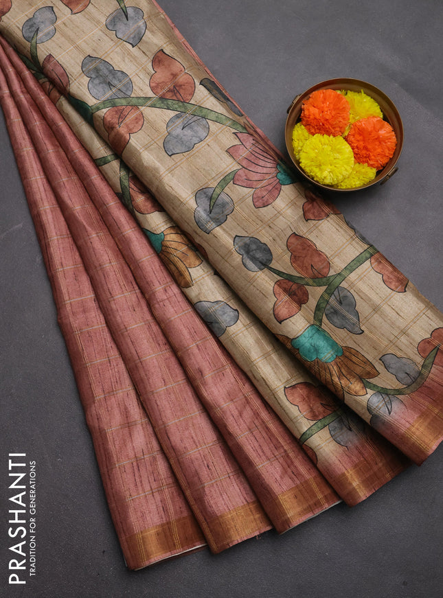 Semi tussar saree pastel peach and beige with allover zari checked pattern and kalamkari printed pallu