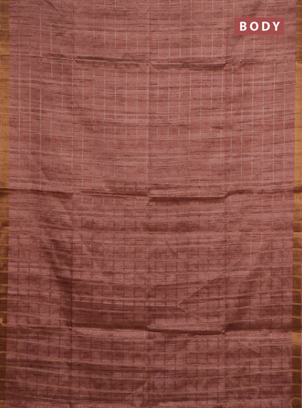 Semi tussar saree pastel peach and beige with allover zari checked pattern and kalamkari printed pallu