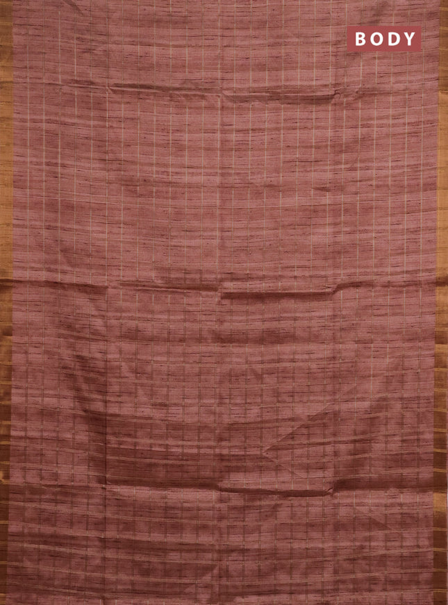 Semi tussar saree pastel peach and beige with allover zari checked pattern and kalamkari printed pallu