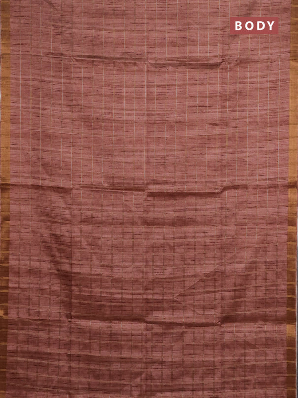 Semi tussar saree pastel peach and beige with allover zari checked pattern and kalamkari printed pallu