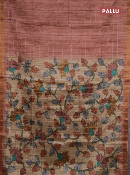 Semi tussar saree pastel peach and beige with allover zari checked pattern and kalamkari printed pallu