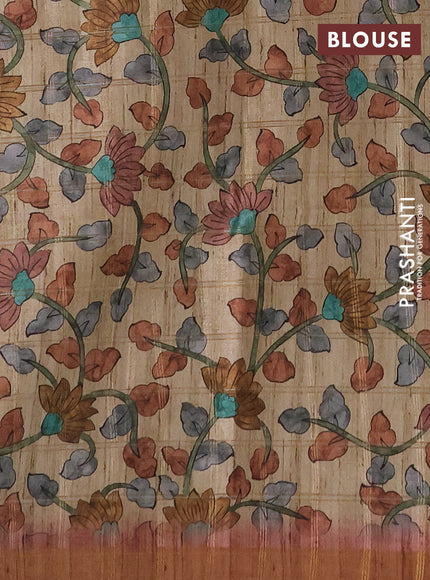 Semi tussar saree pastel peach and beige with allover zari checked pattern and kalamkari printed pallu