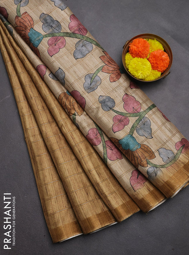Semi tussar saree sandal and beige with allover zari checked pattern and kalamkari printed pallu