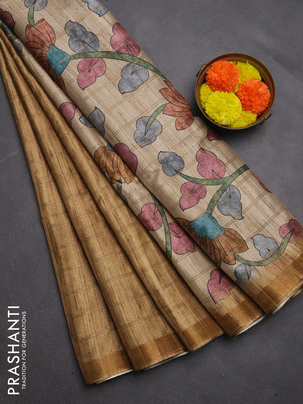 Semi tussar saree sandal and beige with allover zari checked pattern and kalamkari printed pallu