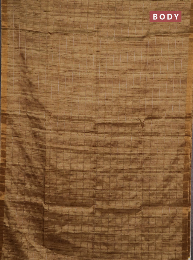 Semi tussar saree sandal and beige with allover zari checked pattern and kalamkari printed pallu
