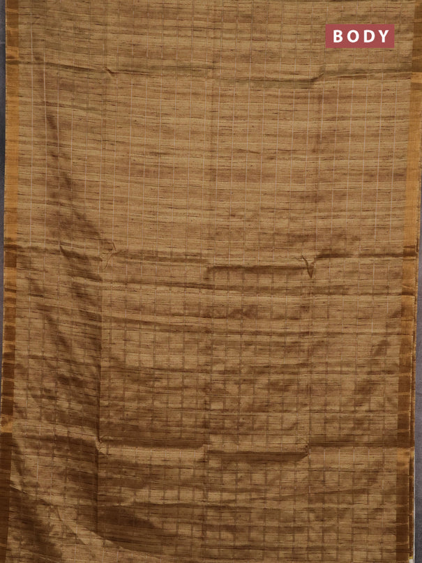 Semi tussar saree sandal and beige with allover zari checked pattern and kalamkari printed pallu