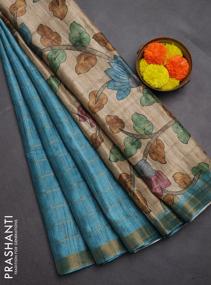 Semi tussar saree teal blue and beige with allover zari checked pattern and kalamkari printed pallu