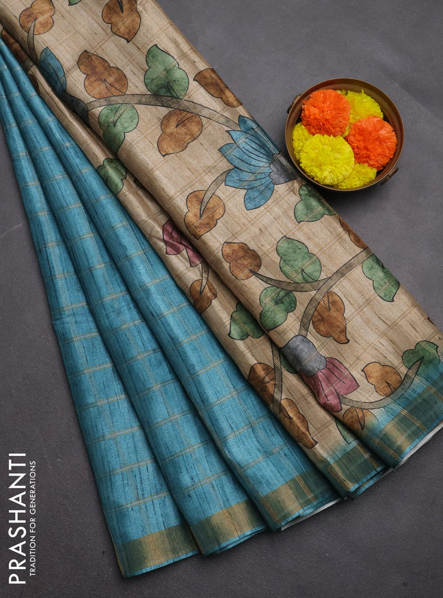 Semi tussar saree teal blue and beige with allover zari checked pattern and kalamkari printed pallu