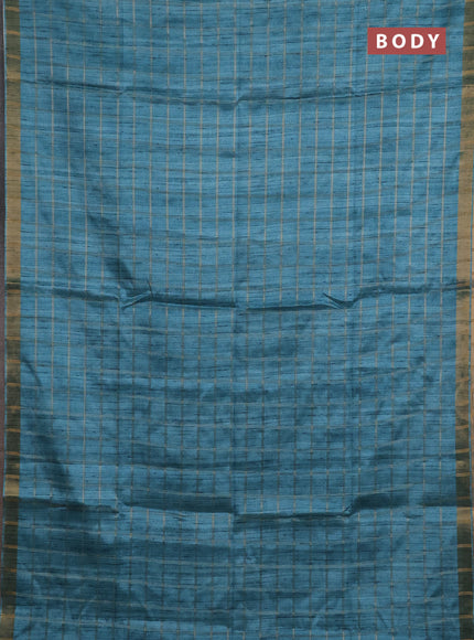 Semi tussar saree teal blue and beige with allover zari checked pattern and kalamkari printed pallu