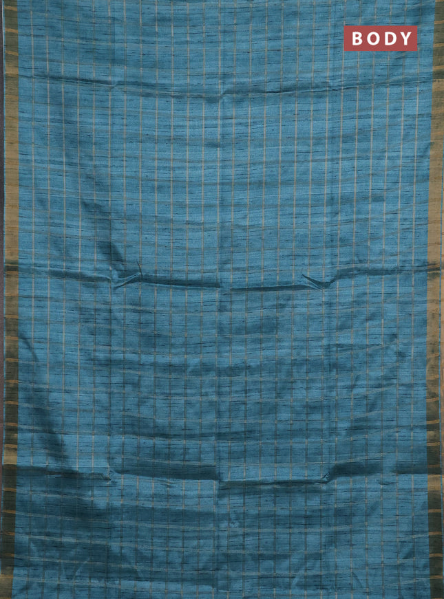 Semi tussar saree teal blue and beige with allover zari checked pattern and kalamkari printed pallu