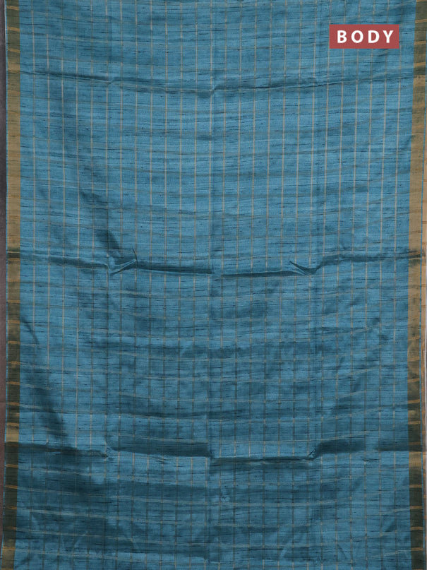 Semi tussar saree teal blue and beige with allover zari checked pattern and kalamkari printed pallu