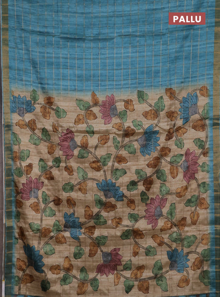 Semi tussar saree teal blue and beige with allover zari checked pattern and kalamkari printed pallu