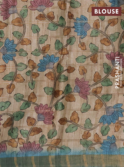 Semi tussar saree teal blue and beige with allover zari checked pattern and kalamkari printed pallu