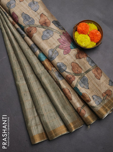 Semi tussar saree pastel green and beige with allover zari checked pattern and kalamkari printed pallu
