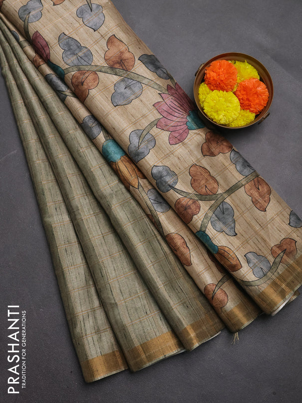 Semi tussar saree pastel green and beige with allover zari checked pattern and kalamkari printed pallu
