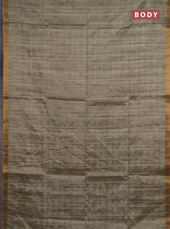 Semi tussar saree pastel green and beige with allover zari checked pattern and kalamkari printed pallu