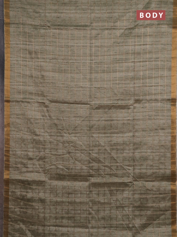 Semi tussar saree pastel green and beige with allover zari checked pattern and kalamkari printed pallu