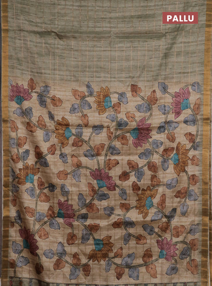 Semi tussar saree pastel green and beige with allover zari checked pattern and kalamkari printed pallu