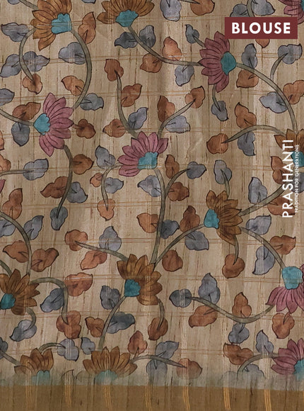 Semi tussar saree pastel green and beige with allover zari checked pattern and kalamkari printed pallu